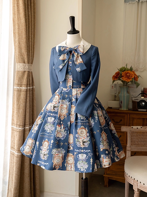 Eternal Echo Series Classic Lolita Hand Drawn Vintage Clock Print Doll Collar Short Sleeves Dress Coat Bowknot Set