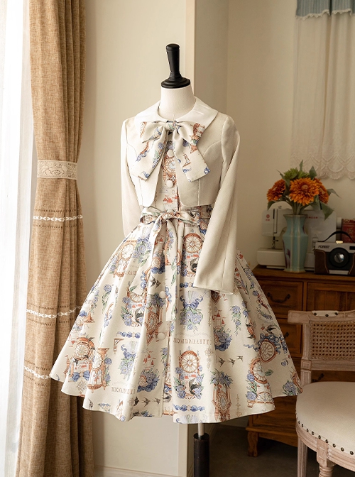 Eternal Echo Series Classic Lolita Hand Drawn Vintage Clock Print Doll Collar Short Sleeves Dress Coat Bowknot Set