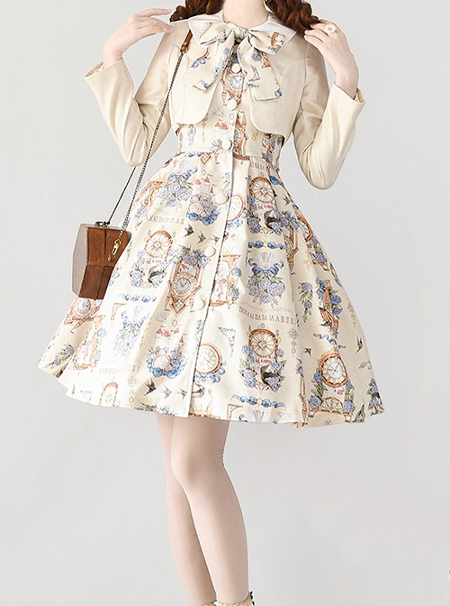 Eternal Echo Series Classic Lolita Hand Drawn Vintage Clock Print Doll Collar Short Sleeves Dress Coat Bowknot Set