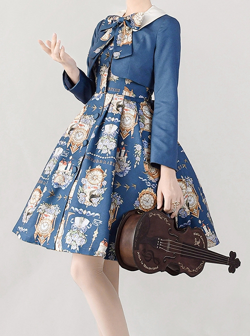 Eternal Echo Series Classic Lolita Hand Drawn Vintage Clock Print Doll Collar Short Sleeves Dress Coat Bowknot Set