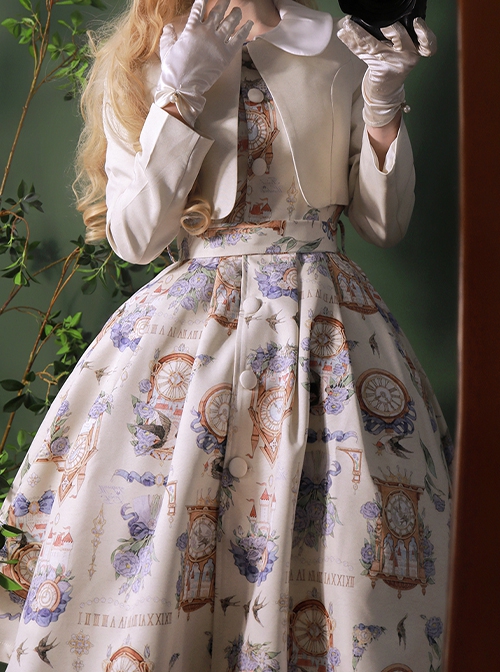 Eternal Echo Series Classic Lolita Hand Drawn Vintage Clock Print Doll Collar Short Sleeves Dress Coat Bowknot Set