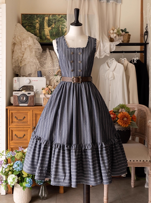 Small Estate Series Elegant Square Collar Classic Lolita Sleeveless Ruff Edge Double Breasted Dress