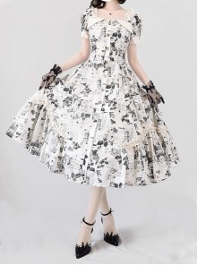 Forest Holiday Series Black White Retro Newspaper Flower Print Classic Lolita Square Collar Puff Sleeves Dress