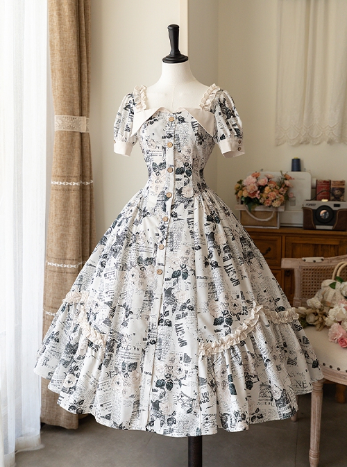 Forest Holiday Series Black White Retro Newspaper Flower Print Classic Lolita Square Collar Puff Sleeves Dress