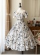 Forest Holiday Series Black White Retro Newspaper Flower Print Classic Lolita Square Collar Puff Sleeves Dress