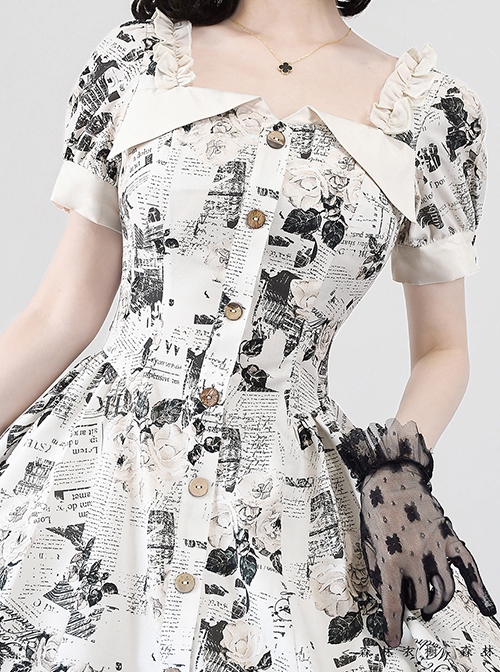 Forest Holiday Series Black White Retro Newspaper Flower Print Classic Lolita Square Collar Puff Sleeves Dress