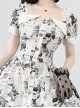 Forest Holiday Series Black White Retro Newspaper Flower Print Classic Lolita Square Collar Puff Sleeves Dress