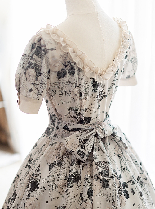 Forest Holiday Series Black White Retro Newspaper Flower Print Classic Lolita Square Collar Puff Sleeves Dress