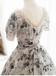 Forest Holiday Series Black White Retro Newspaper Flower Print Classic Lolita Square Collar Puff Sleeves Dress