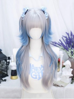 Blues Series Silver Gray Blue Gradient Rolled Outward Jellyfish Head Sweet Lolita Long Wig