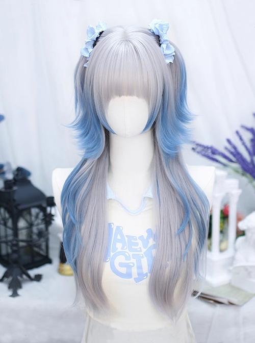 Blues Series Silver Gray Blue Gradient Rolled Outward Jellyfish Head Sweet Lolita Long Wig