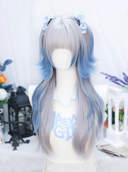 Blues Series Silver Gray Blue Gradient Rolled Outward Jellyfish Head Sweet Lolita Long Wig