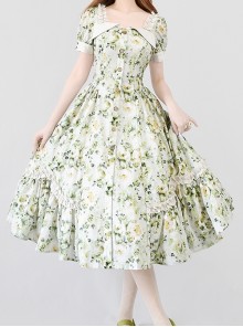 Forest Holiday Series Light Green Retro Florals Rose Print Classic Lolita Square Collar Puff Sleeves Dress