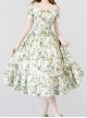 Forest Holiday Series Light Green Retro Florals Rose Print Classic Lolita Square Collar Puff Sleeves Dress