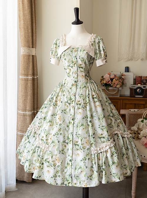 Forest Holiday Series Light Green Retro Florals Rose Print Classic Lolita Square Collar Puff Sleeves Dress