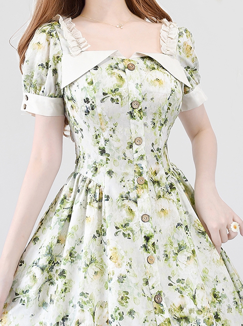 Forest Holiday Series Light Green Retro Florals Rose Print Classic Lolita Square Collar Puff Sleeves Dress