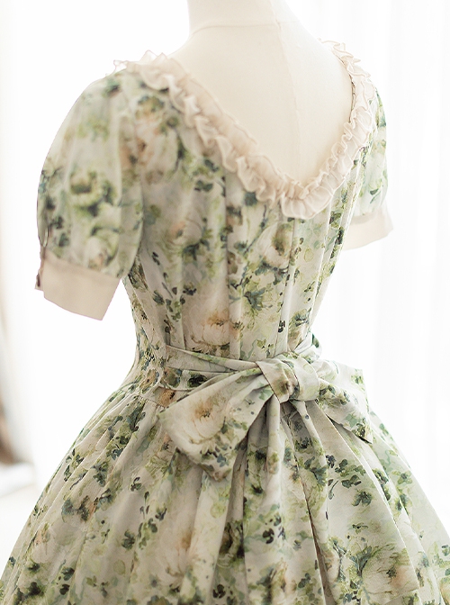 Forest Holiday Series Light Green Retro Florals Rose Print Classic Lolita Square Collar Puff Sleeves Dress