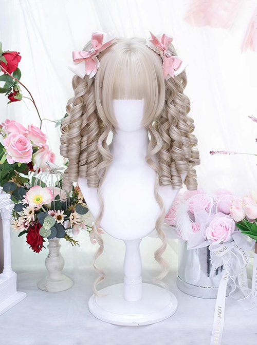 Walnut Apricot Color Roman Curly Straight Bangs Double Ponytail Sweet Lolita Long Sideburns Wig