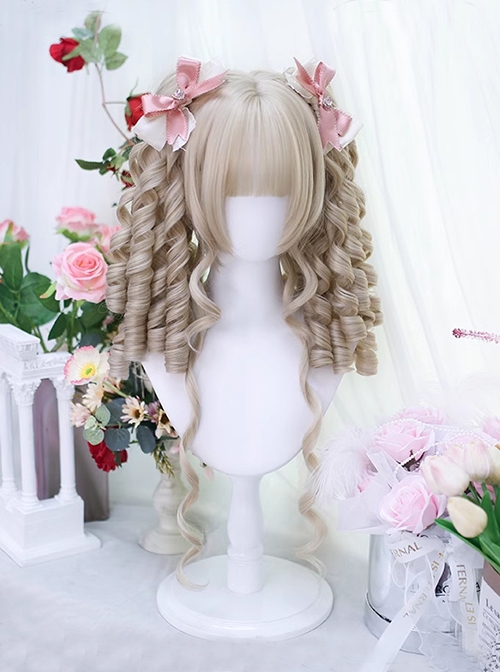 Walnut Apricot Color Roman Curly Straight Bangs Double Ponytail Sweet Lolita Long Sideburns Wig