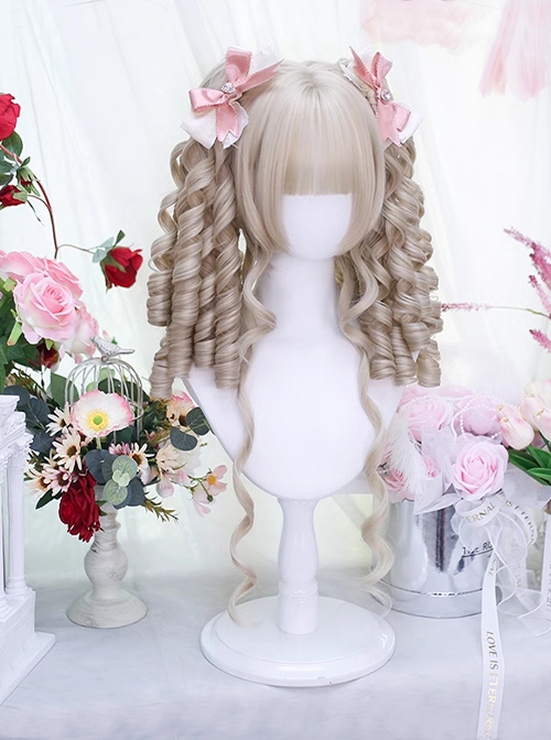 Walnut Apricot Color Roman Curly Straight Bangs Double Ponytail Sweet Lolita Long Sideburns Wig