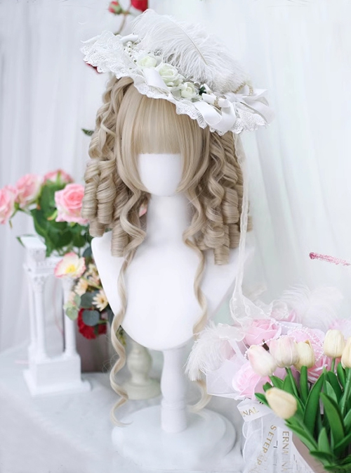 Walnut Apricot Color Roman Curly Straight Bangs Double Ponytail Sweet Lolita Long Sideburns Wig