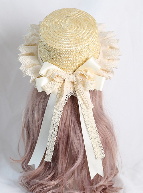 Japanese Style Elegant Daily Apricot Classic Lolita Bowknot Ribbon Forest Girl Straw Sun Hat