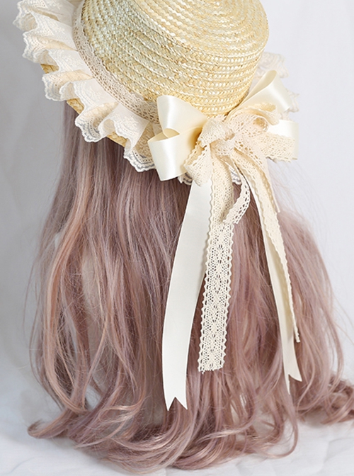 Japanese Style Elegant Daily Apricot Classic Lolita Bowknot Ribbon Forest Girl Straw Sun Hat