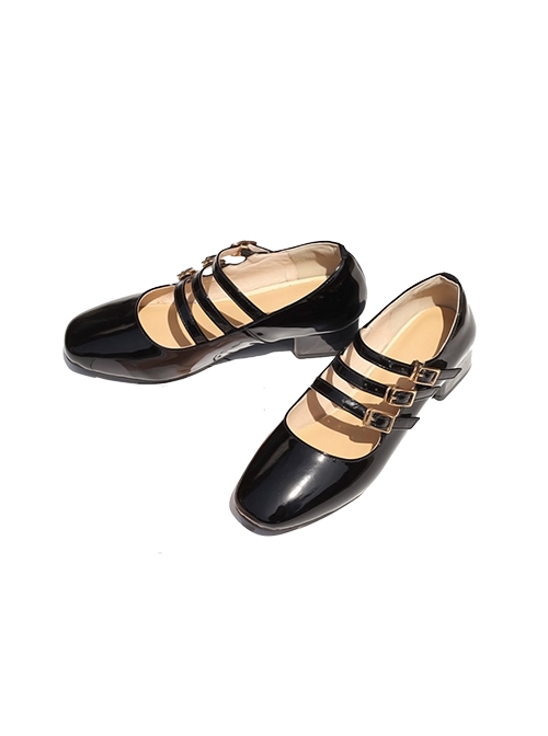 Elegant Classic Lolita Vintage Three Buckle Strap Square Toe Patent Leather Cowhide Mary Jane Shoes