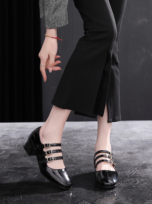 Elegant Classic Lolita Vintage Three Buckle Strap Square Toe Patent Leather Cowhide Mary Jane Shoes