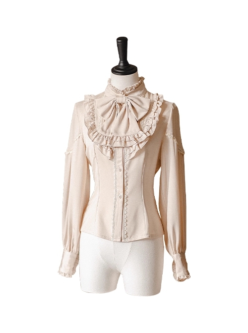 The North Forest Series Elegant Ruff Collar Bowknot Tie Classic Lolita Long Sleeves Slim Fit Apricot Shirt