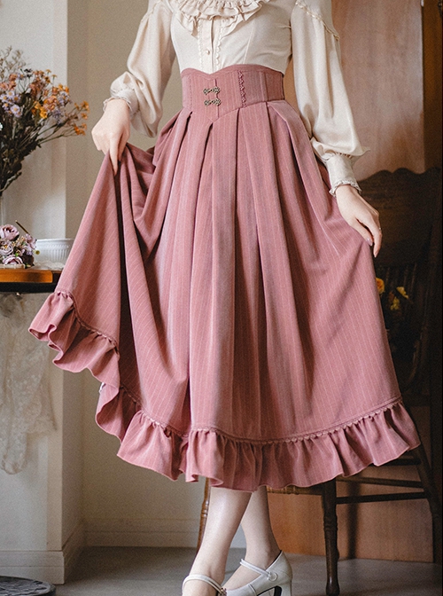 The North Forest Series Elegant Wide Belt Slim Waist Classic Lolita Fine Lines Large Hem Ruffles Edge Skirt