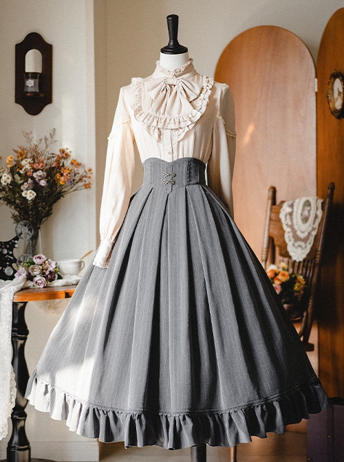 The North Forest Series Elegant Wide Belt Slim Waist Classic Lolita Fine Lines Large Hem Ruffles Edge Skirt