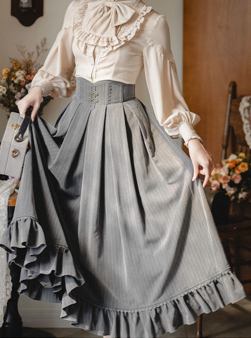 The North Forest Series Elegant Wide Belt Slim Waist Classic Lolita Fine Lines Large Hem Ruffles Edge Skirt