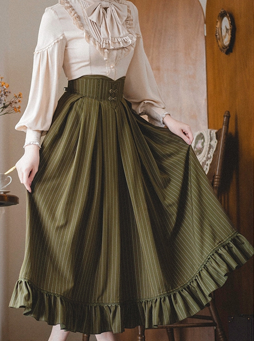 The North Forest Series Elegant Wide Belt Slim Waist Classic Lolita Fine Lines Large Hem Ruffles Edge Skirt