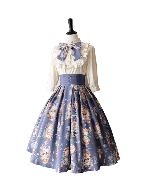 Eternal Echo Series Elegant Retro Hand Drawn Clock Print Classic Lolita Wide Belt A Line Skirt