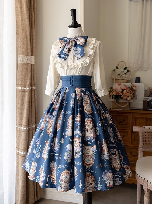 Eternal Echo Series Elegant Retro Hand Drawn Clock Print Classic Lolita Wide Belt A Line Skirt