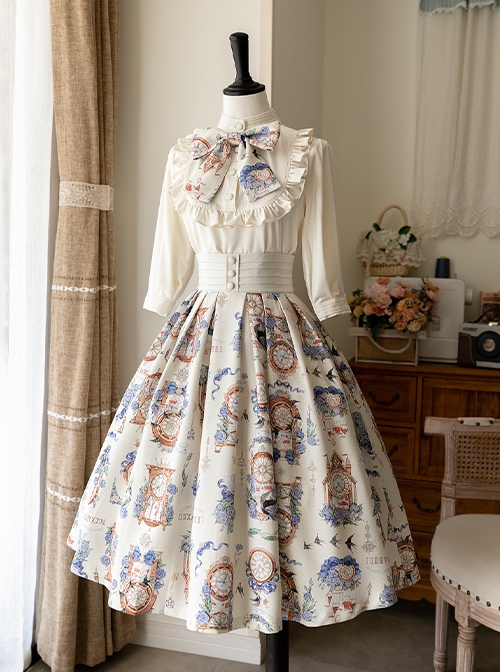 Eternal Echo Series Elegant Retro Hand Drawn Clock Print Classic Lolita Wide Belt A Line Skirt