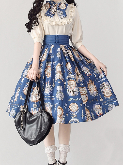 Eternal Echo Series Elegant Retro Hand Drawn Clock Print Classic Lolita Wide Belt A Line Skirt