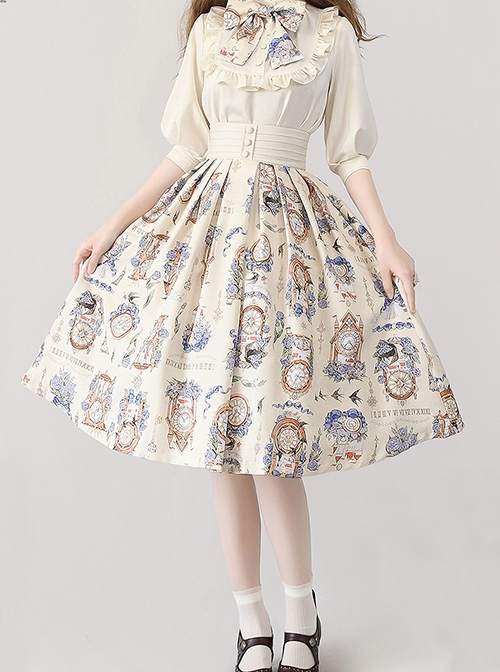 Eternal Echo Series Elegant Retro Hand Drawn Clock Print Classic Lolita Wide Belt A Line Skirt