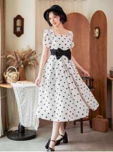 Afternoon Forest Series Retro Elegant French Polka Dots Square Collar Classic Tulip Sleeves Dress