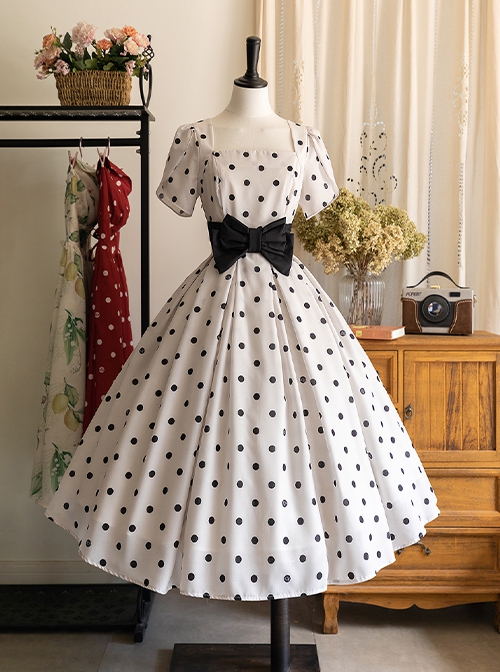 Afternoon Forest Series Retro Elegant French Polka Dots Square Collar Classic Tulip Sleeves Dress