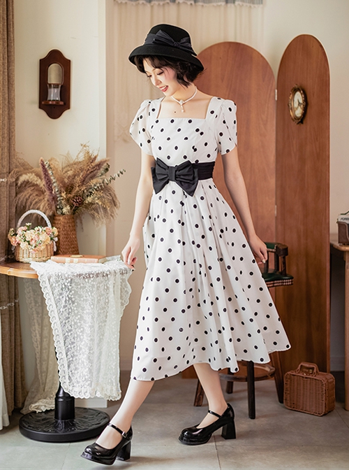 Afternoon Forest Series Retro Elegant French Polka Dots Square Collar Classic Tulip Sleeves Dress