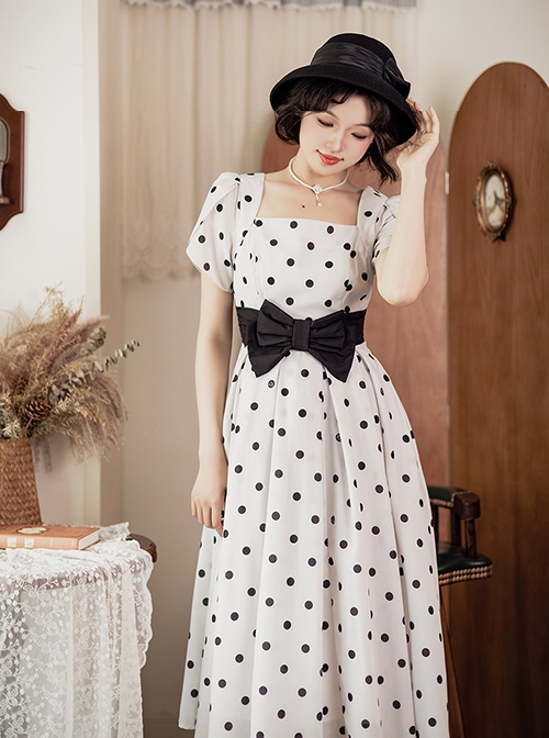 Afternoon Forest Series Retro Elegant French Polka Dots Square Collar Classic Tulip Sleeves Dress