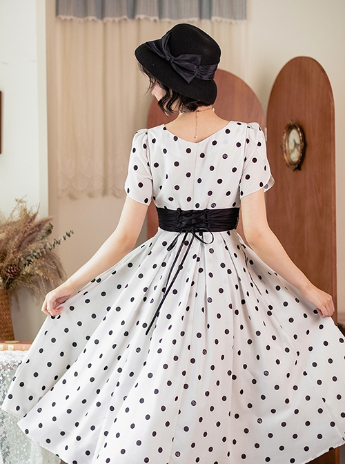 Afternoon Forest Series Retro Elegant French Polka Dots Square Collar Classic Tulip Sleeves Dress