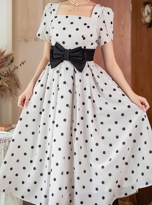 Afternoon Forest Series Retro Elegant French Polka Dots Square Collar Classic Tulip Sleeves Dress