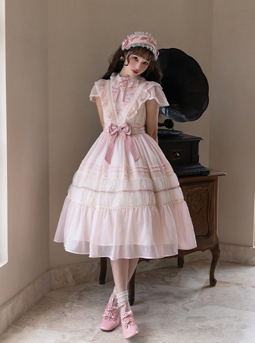 Spring Sakura Series Elegant Sweet Embroidery Ruffles Classic Lolita Light Pink Dress