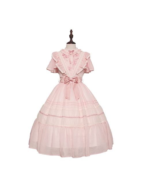 Spring Sakura Series Elegant Sweet Embroidery Ruffles Classic Lolita Light Pink Dress