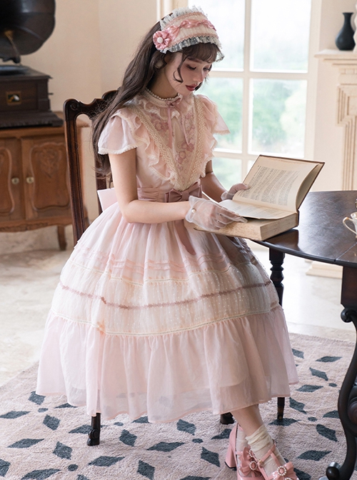 Spring Sakura Series Elegant Sweet Embroidery Ruffles Classic Lolita Light Pink Dress