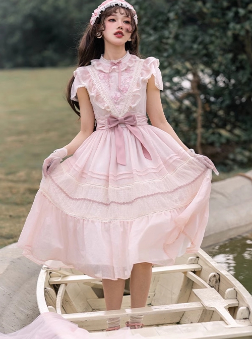 Spring Sakura Series Elegant Sweet Embroidery Ruffles Classic Lolita Light Pink Dress