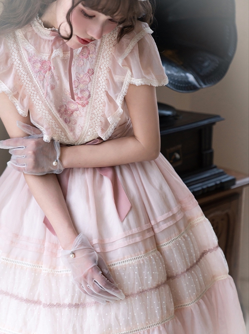 Spring Sakura Series Elegant Sweet Embroidery Ruffles Classic Lolita Light Pink Dress